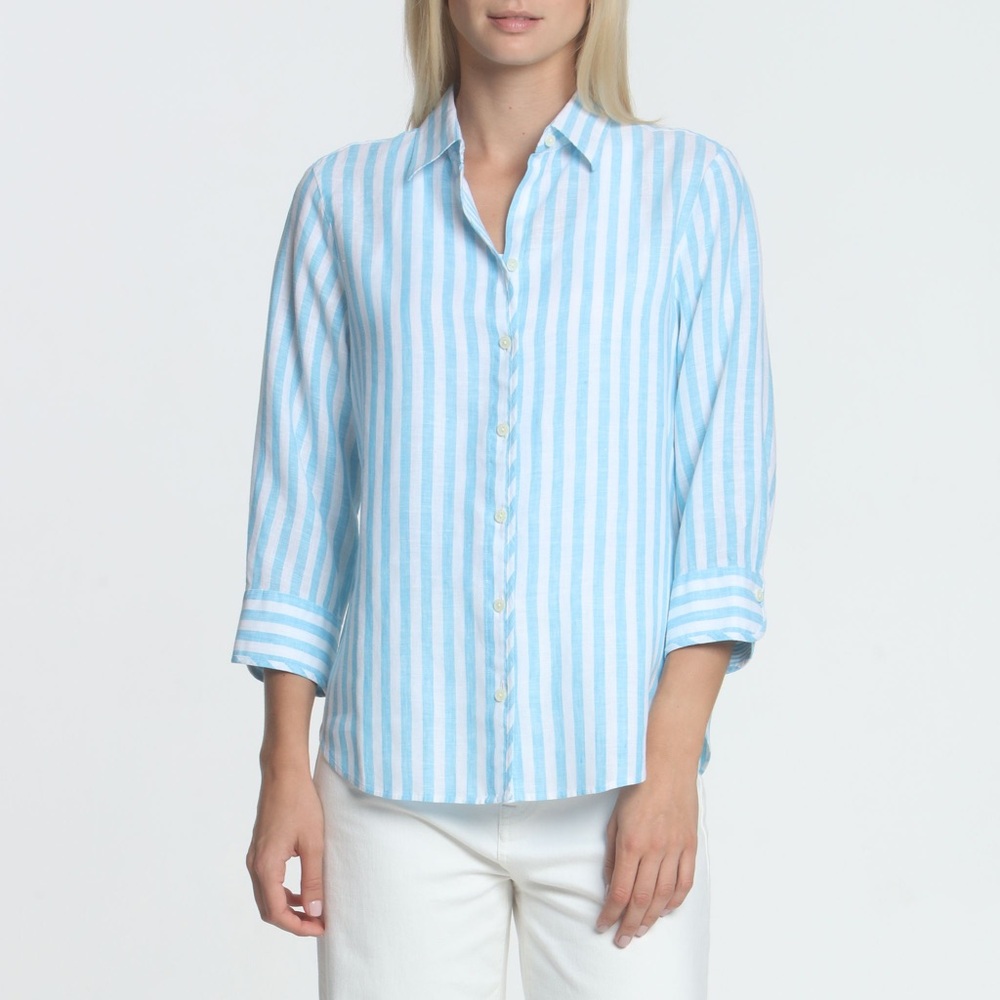 NWT Hinson Wu “Iris” Striped Linen Button Down Shirt in Aqua and White Sz 4